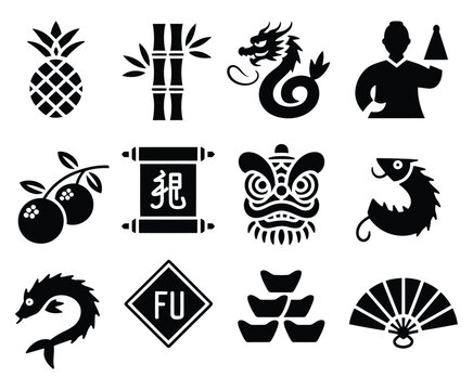 Chinese New Year icons representing traditional symbols of luck wealth and prosperity in a simple and elegant black silhouette design perfect for festive occasions