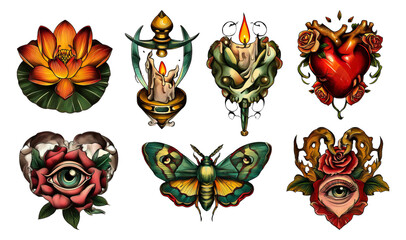 Fototapeta premium Colorful Illustrations of Tattoos Featuring Flowers, Candles, Hearts, and Butterflies