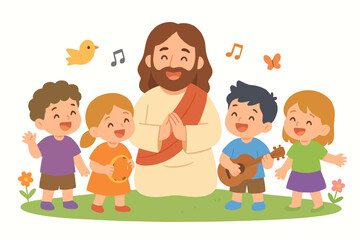 Cheerful illustration of Jesus singing with kids, symbolizing joy, worship, and togetherness.
