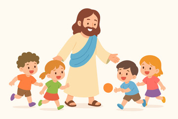 Playful illustration of Jesus running with children, expressing joy, warmth, and Christian friendship.