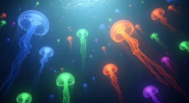 Neon jellyfish-like shapes drifting inside a glowing deep blue abstract scene