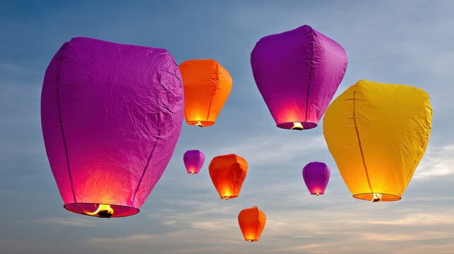 Colorful Paper Lanterns Floating in the Evening Sky at Dusk