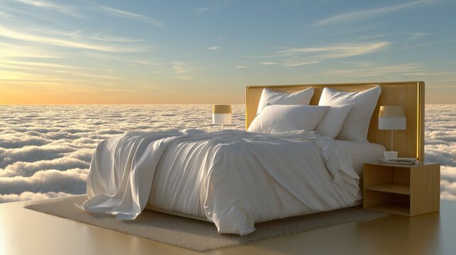 Escape concept dreamy bed surrounded by clouds in a surreal aerial landscape art