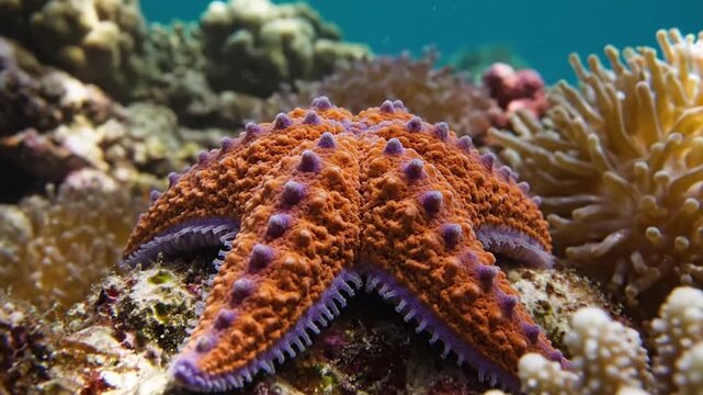Multiple starfish of varying colors and sizes scattered across a tidal pool, reflecting the sky and surrounded by small marine flora. An overhead or wide shot portraying a diverse ecosystem within?