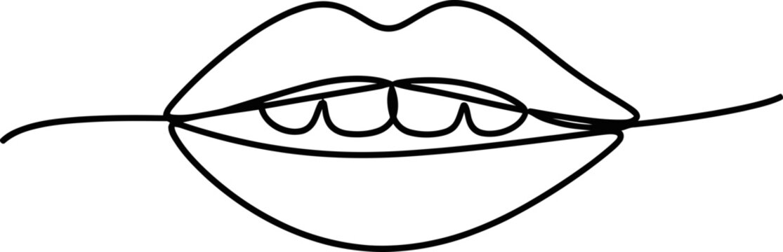 Continuous line art drawing of sensuous female lips with visible teeth, minimalist black and white modern graphic illustration