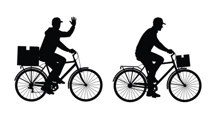 Two cyclists silhouetted against a white background one waving cheerfully