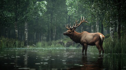 Fototapeta premium Majestic elk standing in a tranquil forest pool.