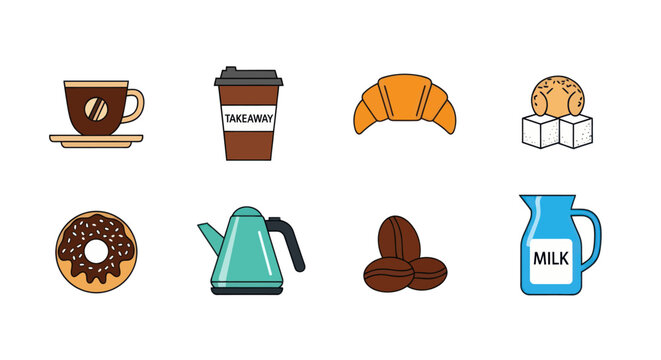 Assorted coffee beverages and pastries arranged on a white background