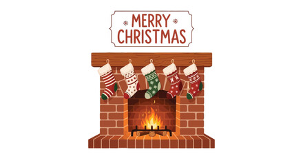 Cozy Christmas fireplace with festive stockings hanging and a glowing fire with Merry Christmas text