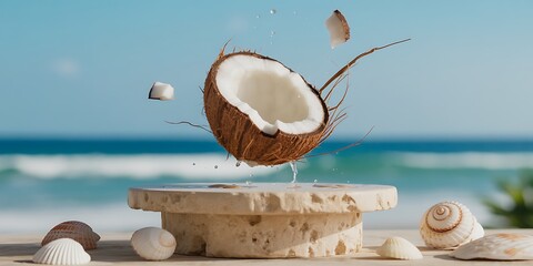 A halved coconut with floating pieces and water droplets sits above some seashells