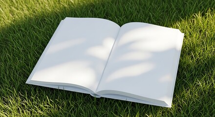 Open blank book with white pages resting on lush green grass, partially shaded by soft shadows, ideal for custom content