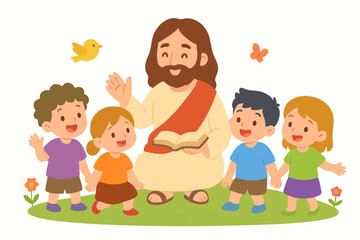 Obraz premium Illustration of Jesus teaching children with an open Bible, symbolizing learning, wisdom, and faith.