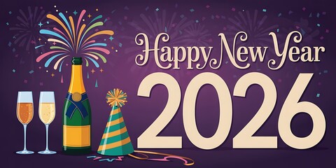 A vibrant illustration of Happy New Year 2026 with sparkling drinks and colorful party elements