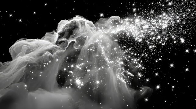 A dramatic and ethereal scene of a swirling white cloud formation in space, illuminated by a dense cluster of bright, sparkling stars.