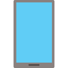 Minimalist flat design of a smartphone with a bright blue screen and gray border on a transparent background representing modern technology and communication devices