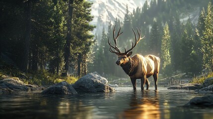 Majestic elk in a tranquil mountain stream.