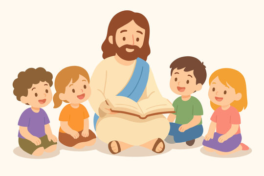 Illustration of Jesus reading and teaching children, showing kindness, wisdom, and spiritual guidance.
