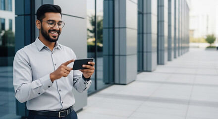 A young Indian professional in a light shirt stands confidently outside an office building, using his smartphone for business tasks.