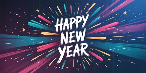 Bright starburst background with Happy New Year text celebrates the arrival of the year