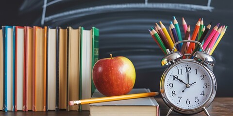 Composition shows an apple, alarm clock, books, and pencils arranged against a blackboard