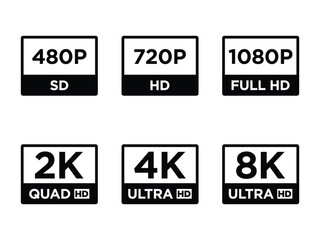 Video Resolution Icons Set. SD, HD, Full HD, 2K, 4K, 8K