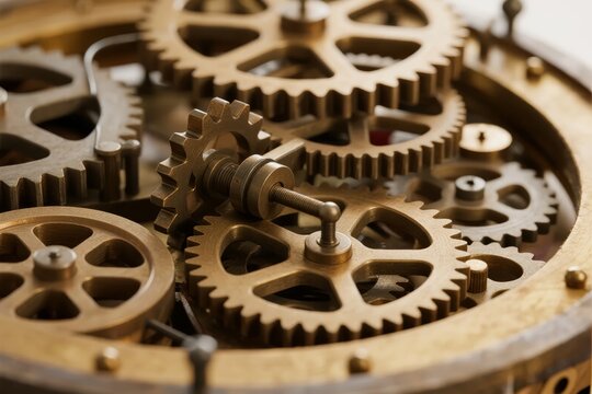 Close-up of intricate brass gears and mechanical components in a vintage clockwork mechanism