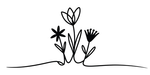 Minimalist continuous line art drawing of three distinct stylized flowers with simple leaves growing from a single graceful stroke