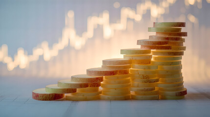 Stacked Apple Slices Forming Growing Bar Chart with Financial Data Background.