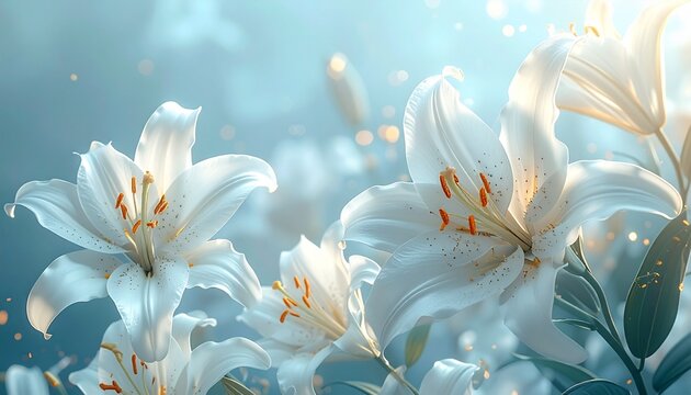 Immaculate Lily: Beautiful White Lilies on Ethereal Blue Gradient, Symbol of Purity for D&iacute;a de la Inmaculada.