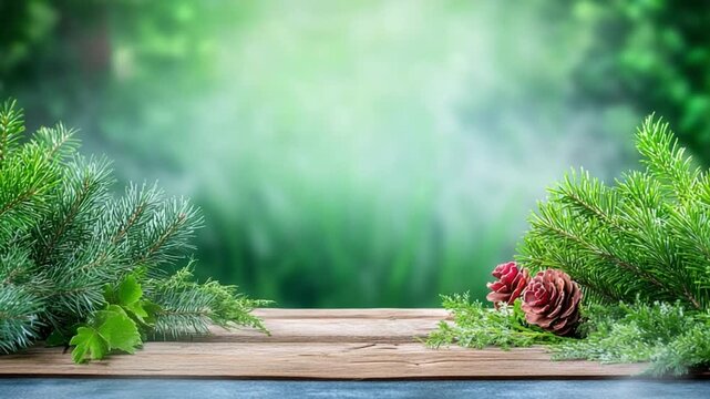 Woodland Wonder: A wooden surface takes center stage against the verdant background of an evergreen woodland, perfect for showcasing nature-themed product.