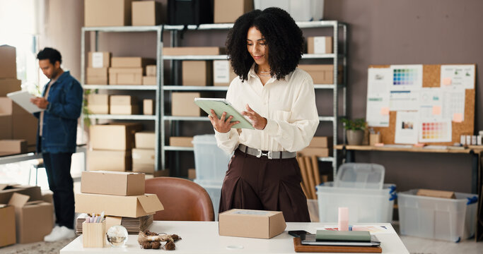 Woman, reading and tablet at startup ecommerce with skincare product, online order and delivery. Team, digital and check inventory for cosmetics, supply chain and quality assurance for distribution - Powered by Adobe