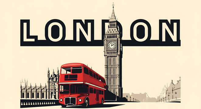 London Travel Poster with Red Bus and Big Ben