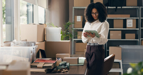 Ecommerce, shipping and tablet with woman in warehouse for delivery, distribution and courier....