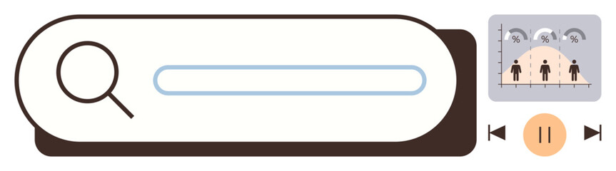 Magnifying glass on search bar, data chart with users, media controls. Ideal for analytics, research, technology, user interaction, data insight brainstorming digital interface. Clean flat metaphor