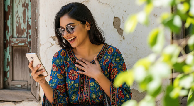 A joyful young Indian woman in a vibrant floral kurti stands outdoors, smiling and expressing delight while looking at her smartphone