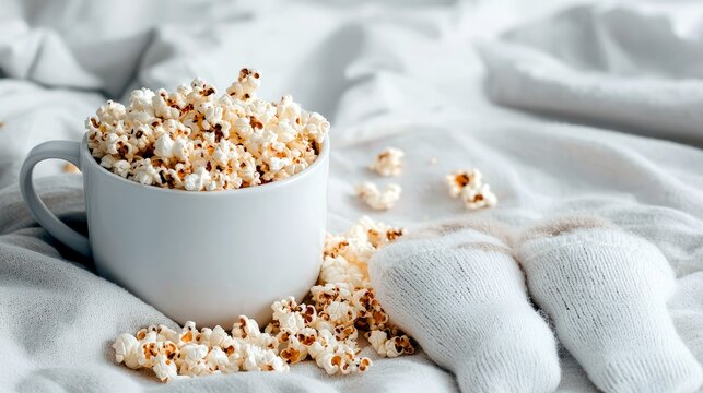 A white mug overflowing with popcorn sits on a white blanket next to a pair of white socks, creating a cozy and inviting scene. - Powered by Adobe