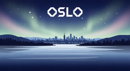 Oslo Skyline Aurora Borealis Illustration