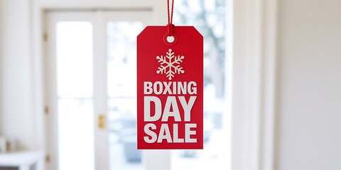 Red tag with snowflake symbol and Boxing Day Sale text hangs against blurred doors