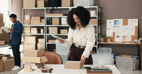 Ecommerce, package and woman with tablet in office, review stock info and check order details for shipping. Online shopping, supply chain and people coworking for parcel distribution, tech or startup