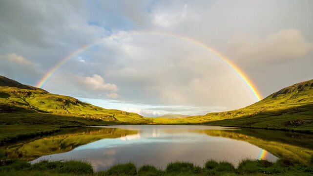 Symbolism of hope and wonder: Representing the universal feeling of optimism and enchantment that a rainbow inspires, set against an expansive, untouched natural backdrop.