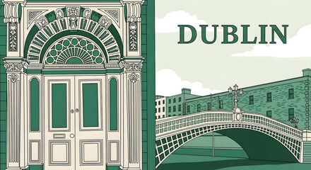 Dublin Ireland Travel Poster: Iconic Door and Ha'penny Bridge