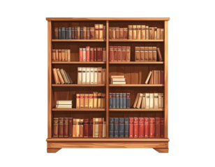 Full bookshelf, warm tones, well-stocked, organized