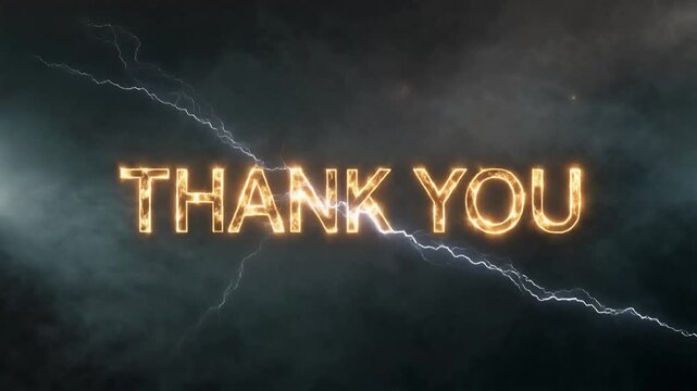 Graphic animated illustration. Cursive gold inscription "Thank you" with lighting effect