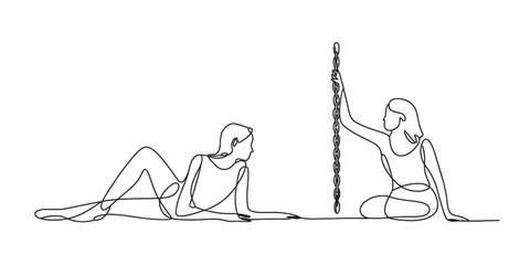 Minimalist continuous line art drawing of two women, one reclining elegantly and the other sitting, holding a vertical metal chain up.