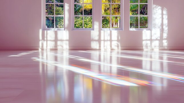 Sunlight streams through multiple windows, casting bright, colorful patterns of light and shadow across a clean, polished wooden floor.