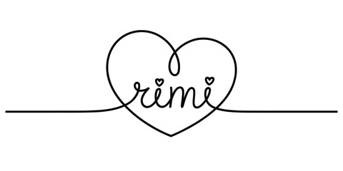 Continuous line drawing of a stylized heart shape with the name 'rimi' inscribed, featuring small hearts as 'i' dots, on a white background, symbolizing love and connection.
