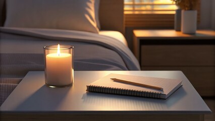 Calm Evening Scene with Candle and Notebook on a Bedside Table