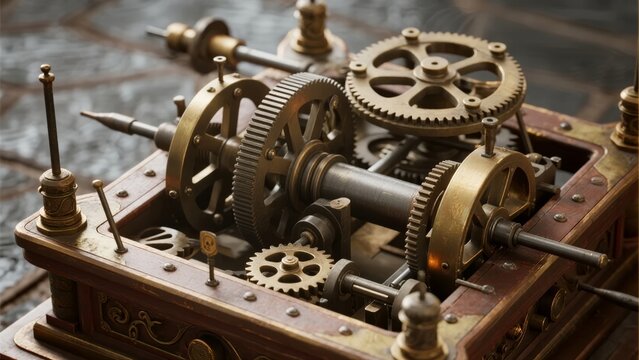 Close-up of an intricate mechanical gear system in a vintage wooden device