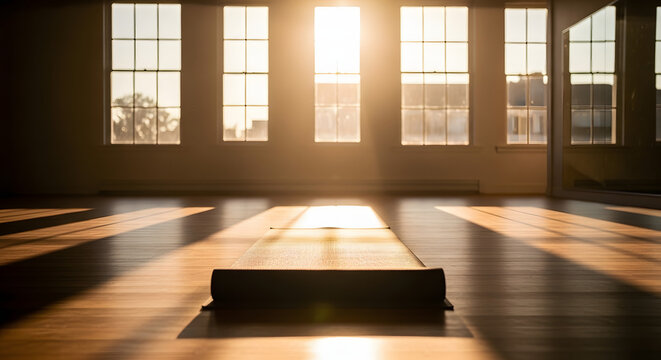 Yoga mat rolled up on a wooden floor in a bright room with large windows and sunlight streaming through