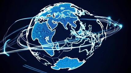 Dynamic digital globe with animating global connections and blue energy trails - Powered by Adobe